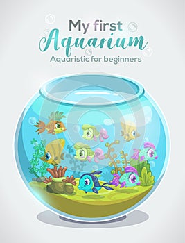 My first aquarium, aquaristic for beginners, childish book cover design.