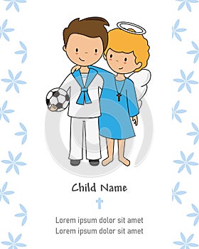 My first communion card. Boy and angel hugging.