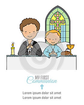My first communion card. Boy and angel praying in church