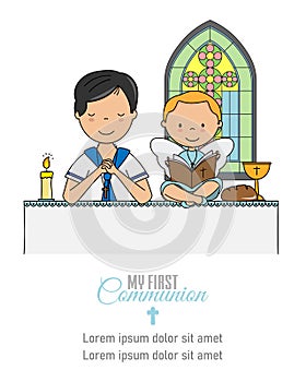 My first communion card. Boy and angel praying in church.