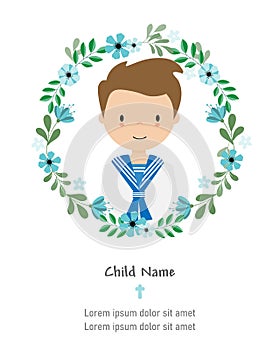 My first communion card. Boy inside flower frame