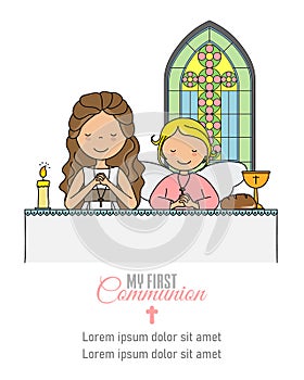 My first communion card. Girl and angel praying in church