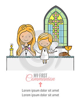 My first communion card. Girl and angel praying in church