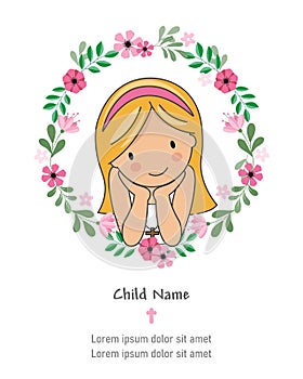 My first communion girl card. Girl inside flower frame.