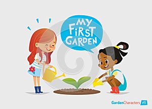 My first garden concept. Cute kids care for plants in the backyard. Early education, outdoor activities. Montessori gardening.