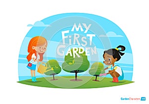 My first garden concept. Cute kids care for plants in the backyard. Early education, outdoor activities. Montessori