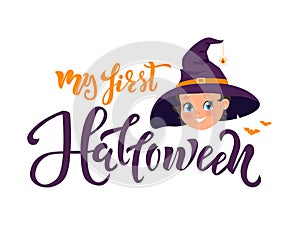 My first Halloween quote. Calligraphy text, lettering design with Girl in old hat and spider on hat. Typography for greeting card