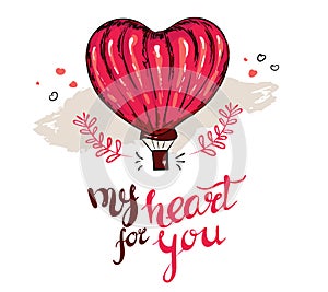 My heart for you typography for valentines day with red heart shape balloon flying and hearts decorations in white background.