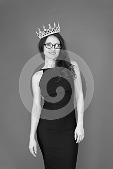 My kingdom. Superiority and excellence. Woman queen red background. Sexy girl wear crown. Big boss concept. Ambitious