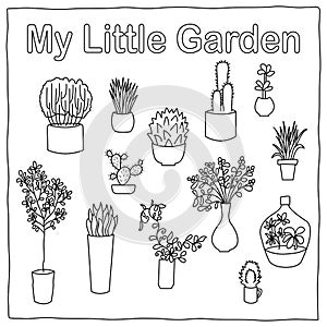 My Little Garden botanical illustration. Small cactus and succulent outlined images isolated on whit