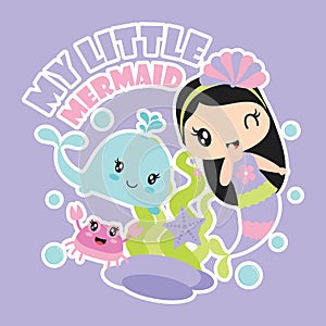 My little mermaid with her friends vector cartoon illustration for Kid t-shirt background design