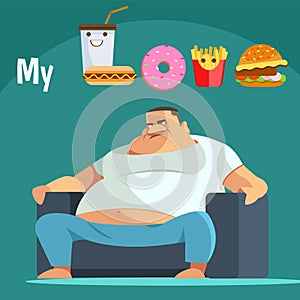 My love food. Obese man think to how to lose weight. Health care concept. illustration vector cartoon flat icons design