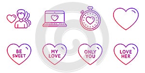 My love, Heartbeat timer and Man love icons set. Heart, Be sweet and Only you signs. Vector