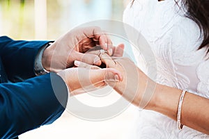 My love for you shines bright like a diamond. an unrecognizable groom slipping a ring on to his brides finger while