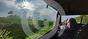 My Lovely with the old landy in middle of  tea plantation photo