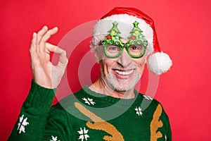 My x-mas costume is the best one concept. Close up photo portrait of comic handsome nice excited cheerful glad positive