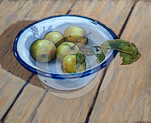 Little Green Apples in Enamel Bowl, Oil Pastel Art photo