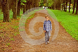 My perfect weekend is going for a walk. Small boy on pleasant foot walk in park. Small wanderer. Little boy walk along