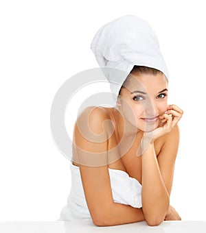 My skincare routine works for me every time. Cropped portrait of a gorgeous young woman wrapped in towels against a