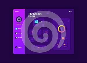 My smart home tablet interface vector template. Mobile app page night mode design layout. Household equipment management