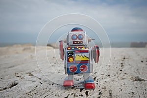 My sweet tin toy robot on the rocks