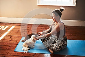 These are my two cute little yoga buddies. a young woman petting her dogs while sitting on a yoga mat at home.