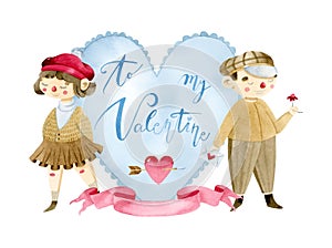 My Valentine romantic greeting card for Valentine`s day with girl and boy in love