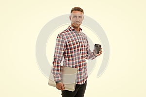 On my way to success. Regular office worker concept. Work from home. Handsome man enjoying coffee to go. Happy hipster
