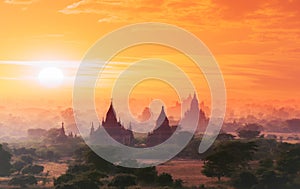 Myanmar Bagan historical site on magical sunset. Burma Asia photo