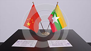 Myanmar and China flag. Politics concept, partner deal between countries. Partnership agreement of governments 3D