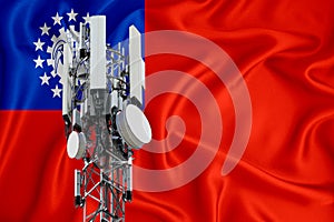 Myanmar flag, background with space for your logo - industrial 3D illustration. 5G smart mobile phone radio network antenna base