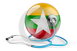 Myanmar flag with stethoscope. Health care in Myanmar concept, 3D rendering
