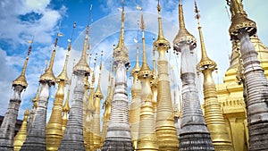 Myanmar landscape travel landmark famous and scene of ancient temples - Golden stupas, Shwe Inn Thein Paya, Inthein, Inle Lake,