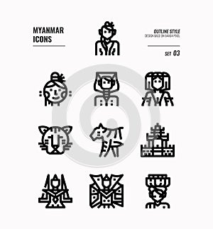 Myanmar line icon set 3. Include landmark, people, animal, culture and more.