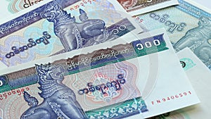 Myanmar money, Kyat. Different types of banknotes rotating slowly on their own axis. Economic and business concept