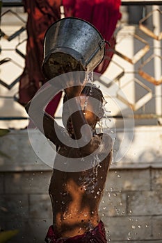 Myanmar - morning ablutions inside a buddhist temple