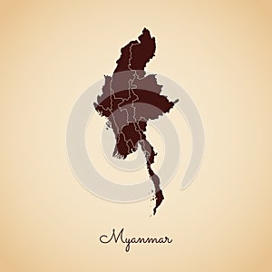 Myanmar region map: retro style brown outline on.