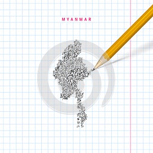 Myanmar sketch scribble vector map drawn on checkered school notebook paper background
