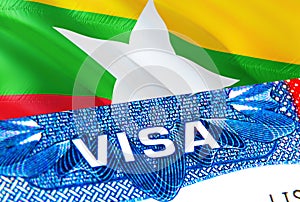 Myanmar Visa. Travel to Myanmar focusing on word VISA, 3D rendering. Myanmar immigrate concept with visa in passport. Myanmar