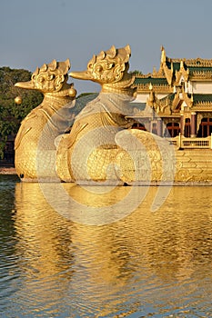Myanmar Yangon Karaweik Palace Reflection at Sunset