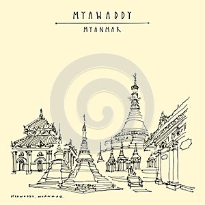Myawaddy, Kayin Karen state. Myanmar Burma, Southeast Asia. Shwe Myin Won Pagoda, the Golden Buddist temple. Burmese