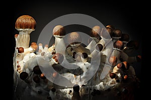 Mycelium block of psychedelic psilocybin mushrooms Golden Teacher. Micro growing of psilocybe cubensis on black background