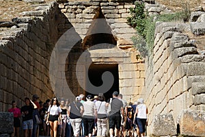 Mycenae, Greece, October 05 2019   Tourists of various nationalities visiting the Treasury of Atreus or Tomb of Agamemnon