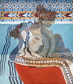 Mycenaean Fresco with woman from the later Tiryns palace, Greece