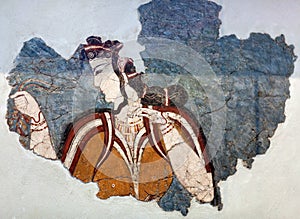 Mycenaean fresco wall painting fragment depicting a woman from a ceremonial procession in Tiryns palace