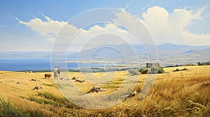 Mycenaean-inspired Photorealist Painting Of Sheep In A Coastal Field