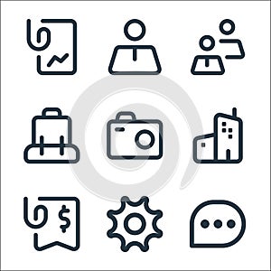 Myicon one line icons. linear set. quality vector line set such as chat, gear, billing, building, camera, backpack, group, people