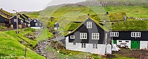 Mykines village with typical houses in Faroe Islands