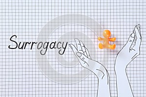 MYKOLAIV, UKRAINE - JANUARY 04, 2022: Word Surrogacy, hands cutout and baby figure on checkered paper, flat lay