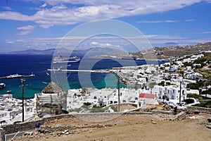 Mykonos cityscape with cruise liner in Mediterranean Sea, Greece